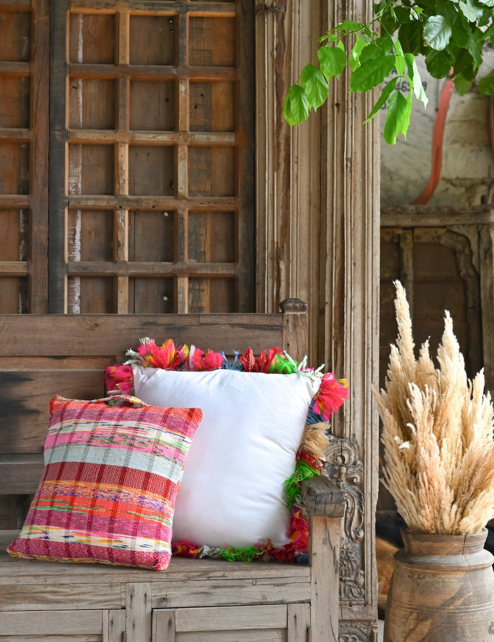 Ekaurr Colourful Banjara Cushion Cover handcrafted 18x18 inch cushion cover in vibrant Banjara tribal embroidery with mirror work detailing, artisan ethnic textile accent for sofas and eclectic home styling