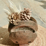 Ekaurr Cowbell Planter Medium crafted from two inverted vintage wooden cowbells joined together, one-of-a-kind upcycled rustic decorative planter with aged patina