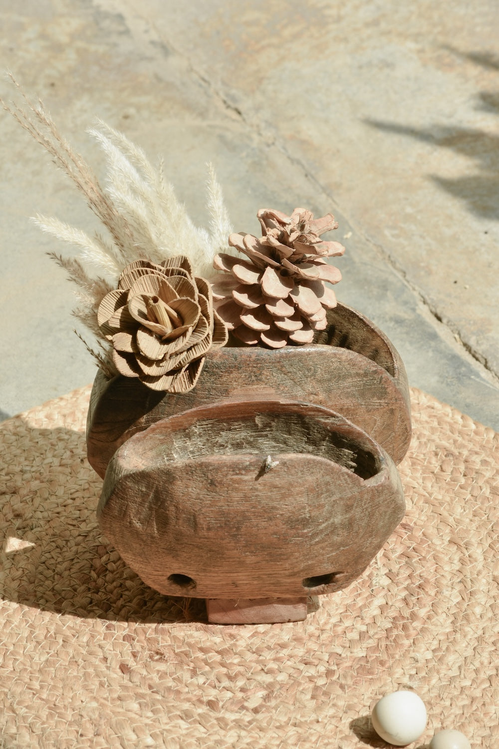 Ekaurr Cowbell Planter Medium crafted from two inverted vintage wooden cowbells joined together, one-of-a-kind upcycled rustic decorative planter with aged patina