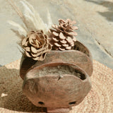 Ekaurr Cowbell Planter Medium crafted from two inverted vintage wooden cowbells joined together, one-of-a-kind upcycled rustic decorative planter with aged patina