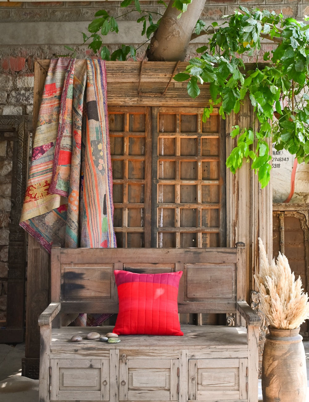 Ekaurr Crimson Charm Cushion Cover handcrafted 18x18 inch cushion cover in rich crimson red with charming embroidered or textured detailing, artisan textile accent for sofas and bold statement home styling