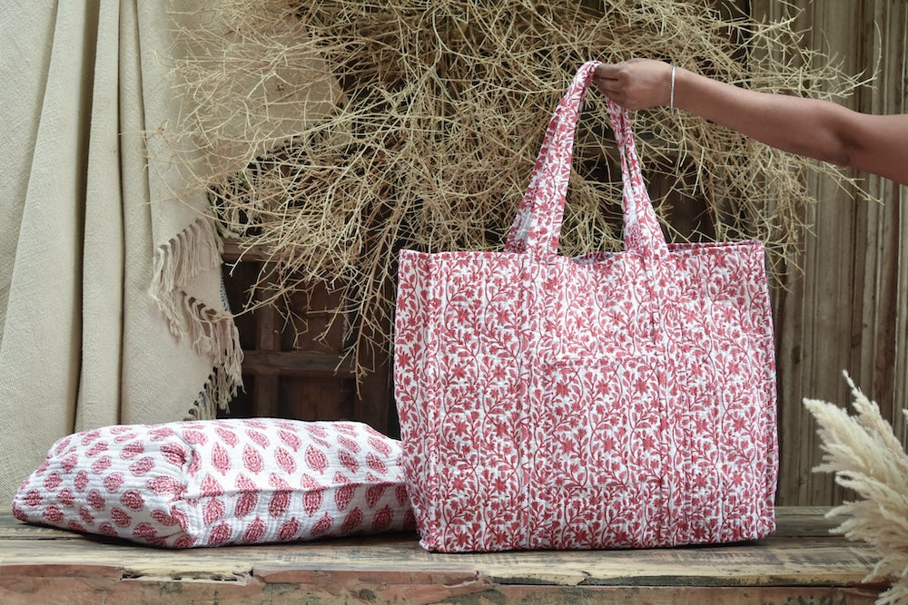 Ekaurr Crimson Garden Tote Bag handcrafted block-printed or quilted cotton tote in deep crimson with a botanical garden motif, artisan Indian textile bag for everyday use and conscious women's styling