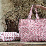 Ekaurr Crimson Garden Tote Bag handcrafted block-printed or quilted cotton tote in deep crimson with a botanical garden motif, artisan Indian textile bag for everyday use and conscious women's styling
