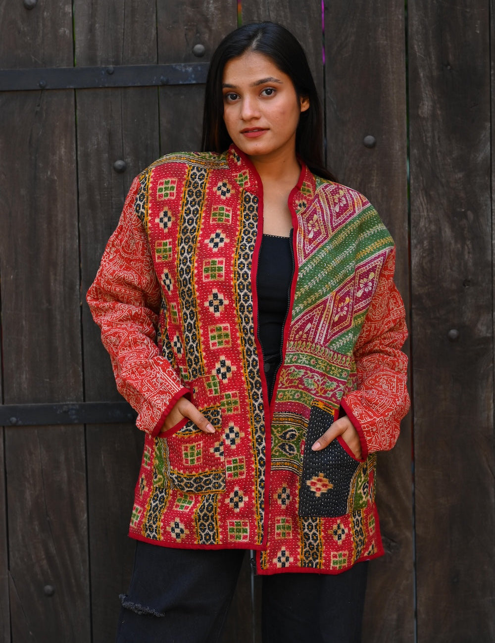 Ekaurr BIGDI Crimson Green Grace cotton reversible coat or robe in a bold crimson and botanical green colour pairing with graceful drape, artisan slow fashion outerwear for women from the BIGDI collection