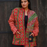 Ekaurr BIGDI Crimson Green Grace cotton reversible coat or robe in a bold crimson and botanical green colour pairing with graceful drape, artisan slow fashion outerwear for women from the BIGDI collection