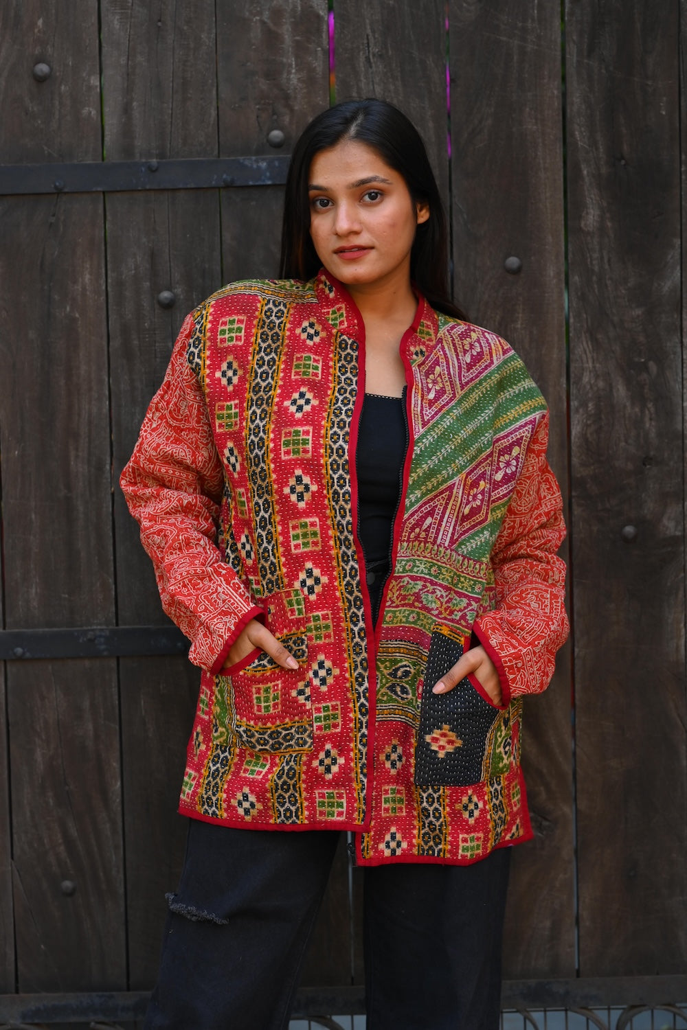 Ekaurr BIGDI Crimson Green Grace cotton reversible coat or robe in a bold crimson and botanical green colour pairing with graceful drape, artisan slow fashion outerwear for women from the BIGDI collection