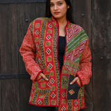 Ekaurr BIGDI Crimson Green Grace cotton reversible coat or robe in a bold crimson and botanical green colour pairing with graceful drape, artisan slow fashion outerwear for women from the BIGDI collection