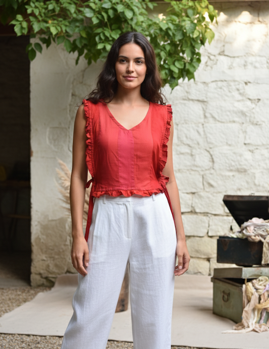 Ekaurr Crimson Reclaimed Flutter Top handcrafted upcycled fabric flutter-sleeve top in deep crimson with a light flowing hem, artisan slow fashion wearable for conscious women's styling