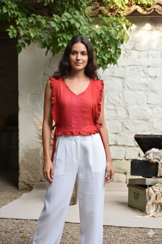 Ekaurr Crimson Reclaimed Flutter Top handcrafted upcycled fabric flutter-sleeve top in deep crimson with a light flowing hem, artisan slow fashion wearable for conscious women's styling