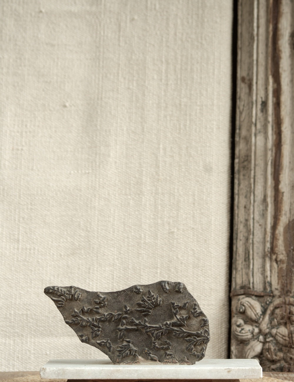 Ekaurr Curio Print Block on Marble Base Decor vintage wooden textile print block with carved curio motif displayed on a polished marble base, artisan craft collectible for shelves and curated home decor