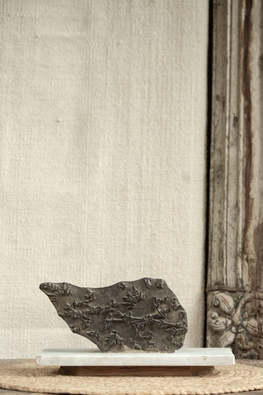 Ekaurr Curio Print Block on Marble Base Decor vintage wooden textile print block with carved curio motif displayed on a polished marble base, artisan craft collectible for shelves and curated home decor