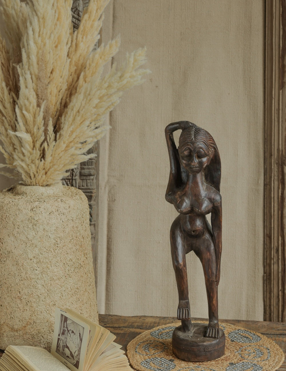 Ekaurr Dark Brown Tribal Doll Decor handcrafted reclaimed wood tribal figurine with dark brown aged finish and folk-art detailing, artisan ethnic home decor accent for shelves