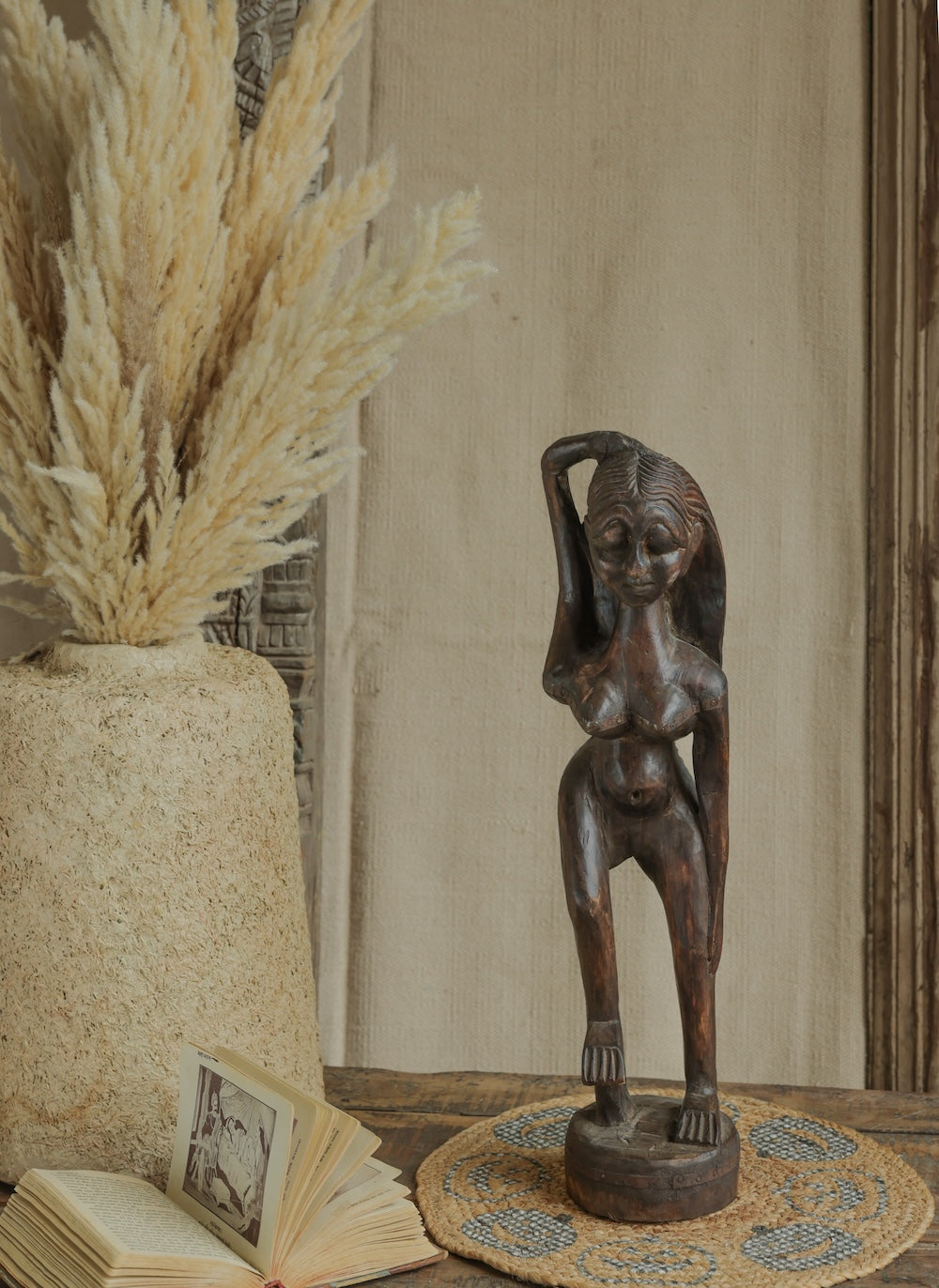 Ekaurr Dark Brown Tribal Doll Decor handcrafted reclaimed wood tribal figurine with dark brown aged finish and folk-art detailing, artisan ethnic home decor accent for shelves