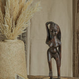 Ekaurr Dark Brown Tribal Doll Decor handcrafted reclaimed wood tribal figurine with dark brown aged finish and folk-art detailing, artisan ethnic home decor accent for shelves