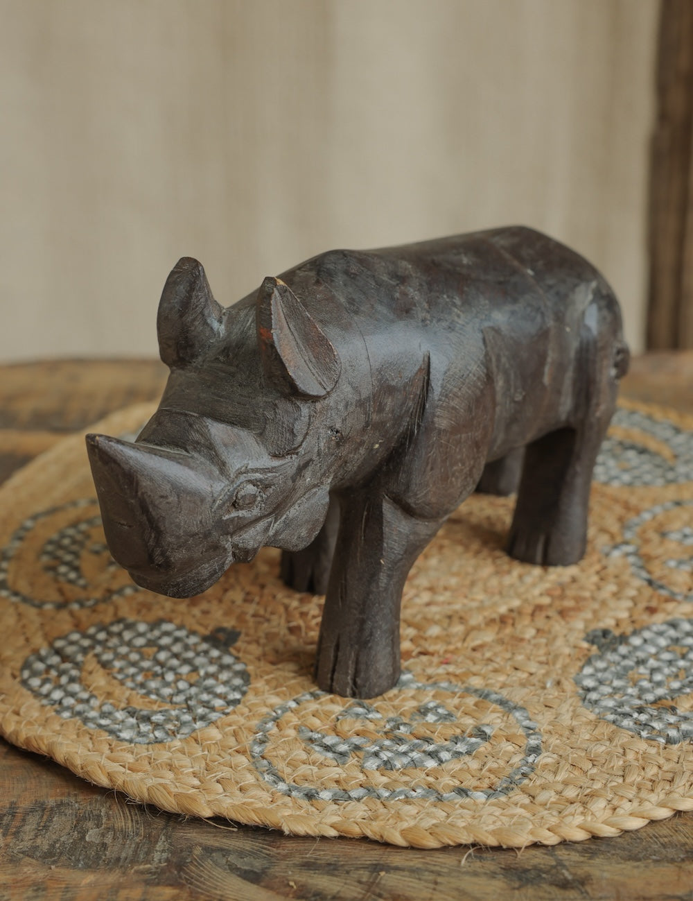 Ekaurr Dark Brown Wooden Rhino handcrafted reclaimed wood rhino figurine with dark brown natural finish, rustic artisan wildlife home decor for shelves and nature-inspired styling