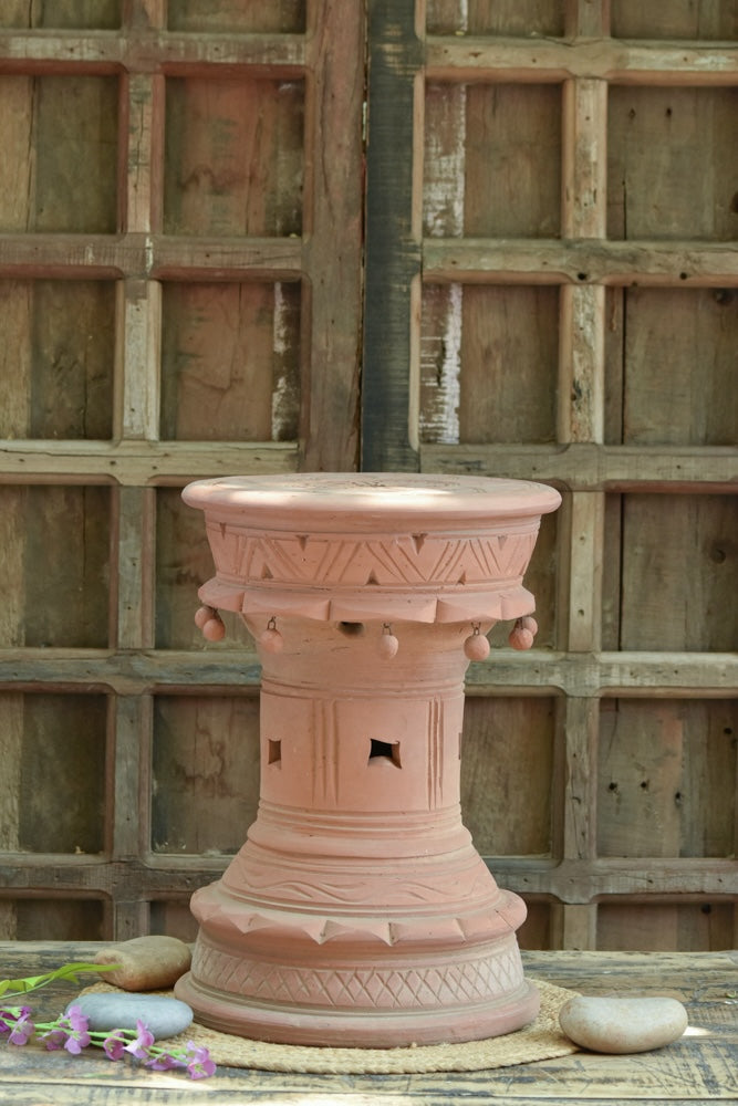 Ekaurr Deep Stambh handcrafted terracotta stool with folk-inspired carvings small danglers and vented pattern detailing, rustic clay pedestal stand for planters sculptures and home decor display