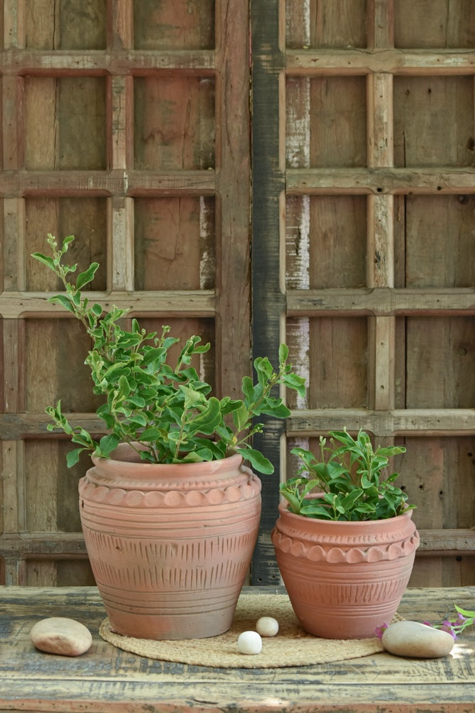 Ekaurr Dholak Set Planters in Tall and Short terracotta, drum-shaped handmade Indian pots for planters or decorative display, sold as a set of two
