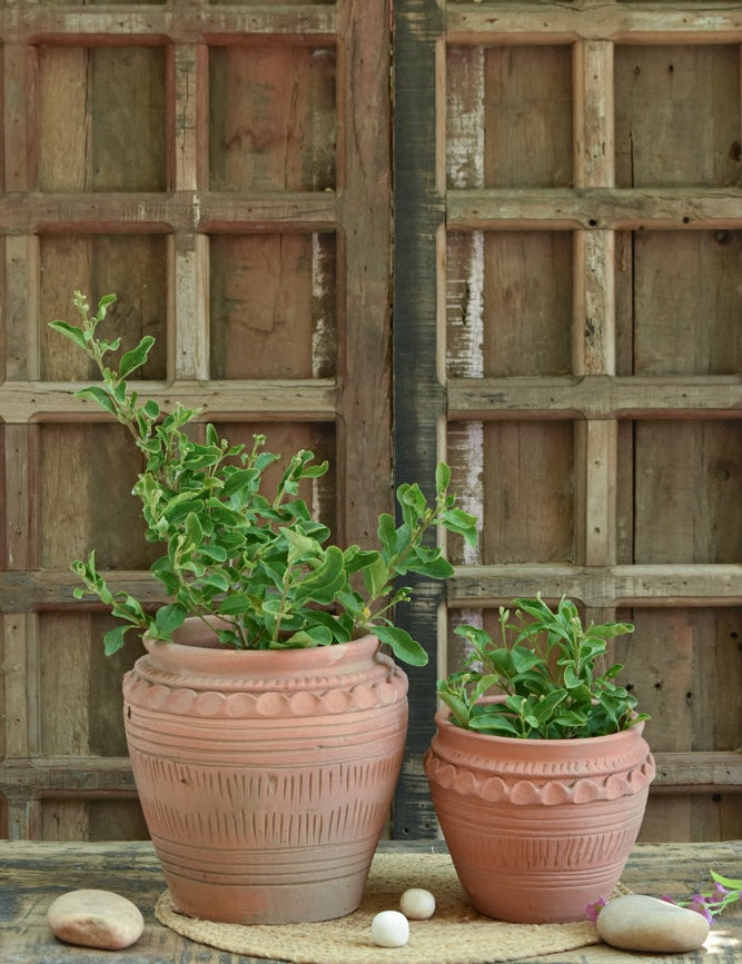 Ekaurr Dholak Set Planters in Tall and Short terracotta, drum-shaped handmade Indian pots for planters or decorative display, sold as a set of two