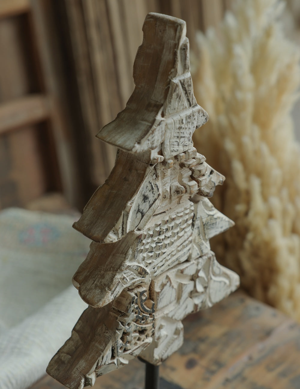 Ekaurr Distressed White Christmas Tree on Iron Base handcrafted paper mache tree in a whitewashed distressed finish mounted on an iron base, rustic festive home decor accent for shelves and mantels