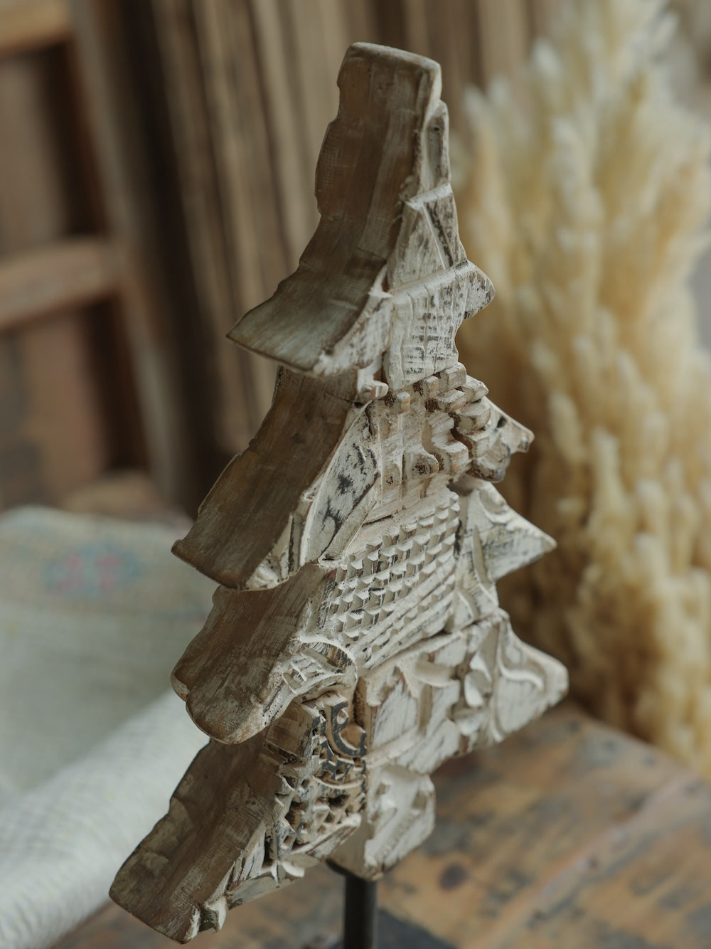 Ekaurr Distressed White Christmas Tree on Iron Base handcrafted paper mache tree in a whitewashed distressed finish mounted on an iron base, rustic festive home decor accent for shelves and mantels
