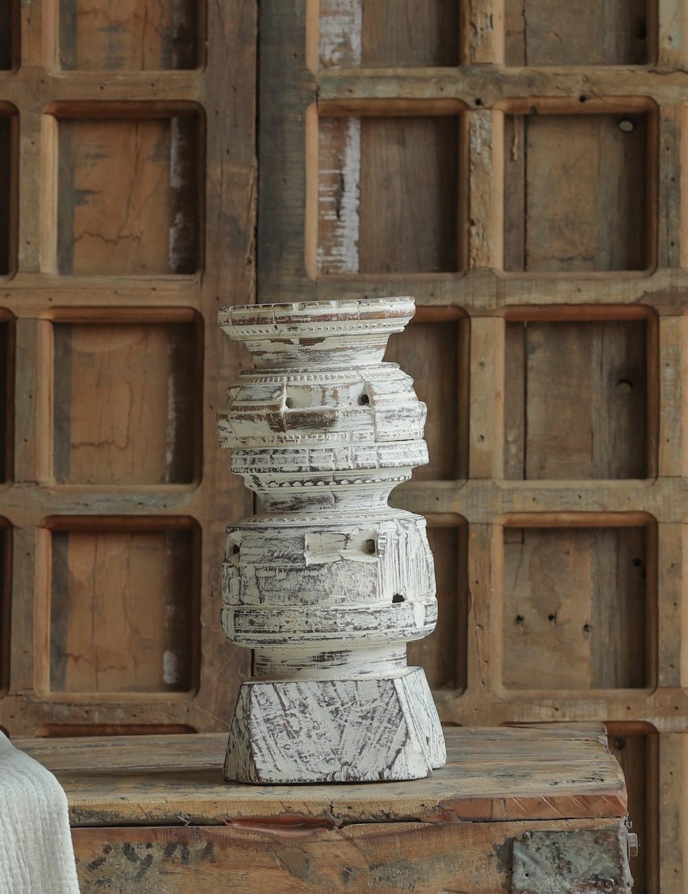 Ekaurr Distressed Whitewashed Bijani Decor vintage Indian bijani oil dispenser with aged whitewash patina, repurposed heritage found object for shelves mantels and rustic home decor
