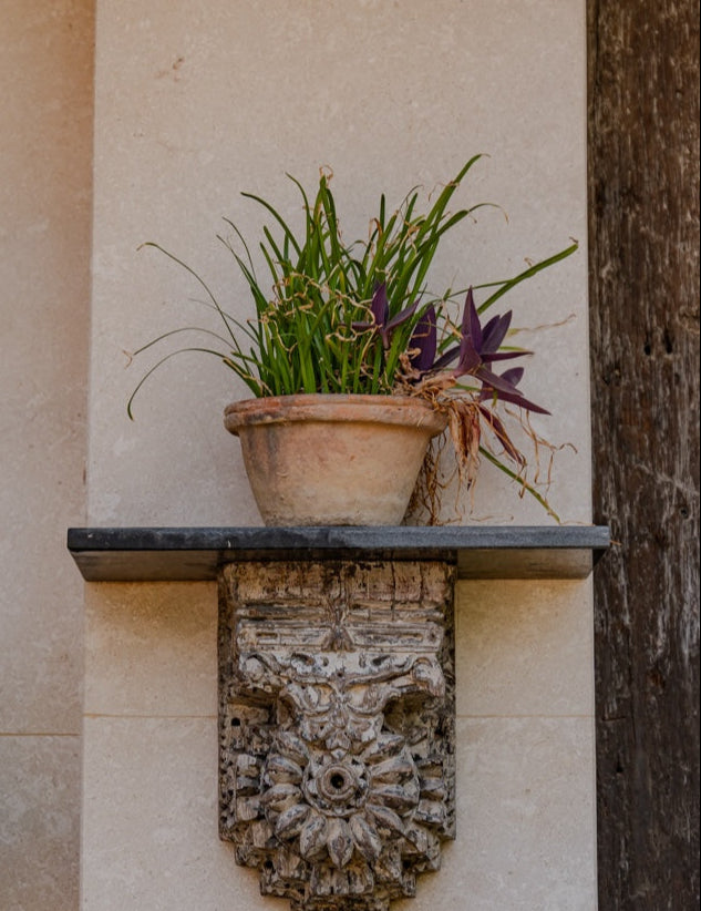 Ekaurr Distressed Whitewashed Wooden Wall Shelf with Stone Top reclaimed wood floating shelf in whitewashed distressed finish with a natural stone surface insert, artisan rustic wall shelf for plants sculptures and home decor display