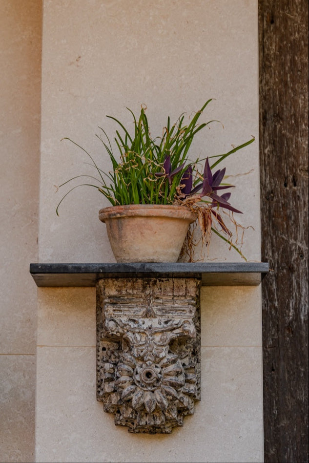 Ekaurr Distressed Whitewashed Wooden Wall Shelf with Stone Top reclaimed wood floating shelf in whitewashed distressed finish with a natural stone surface insert, artisan rustic wall shelf for plants sculptures and home decor display