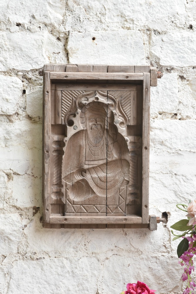 Ekaurr Divine Guide Guru Mould Decor, repurposed vintage cement idol mould bearing the imprint of a revered guru figure, one-of-a-kind spiritual sculptural wall art