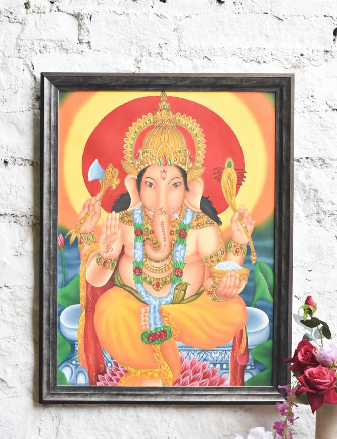 Ekaurr Divine Radiance Ganesha Wall Frame framed artwork of Lord Ganesha in a radiant devotional composition with golden detailing, spiritual wall decor for home altars pooja rooms and auspicious home spaces