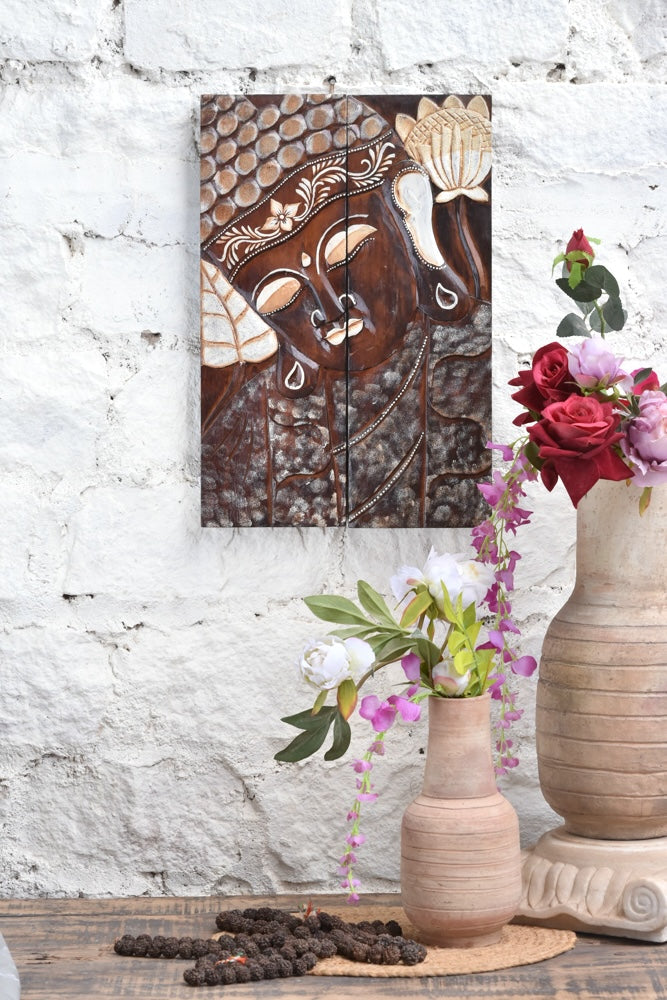 Ekaurr Divine Slumber hand-carved wooden Buddha wall panel depicting a reclining Buddha in a serene sleeping pose with intricate carved surface detailing, artisan spiritual home decor for meditation corners and statement walls