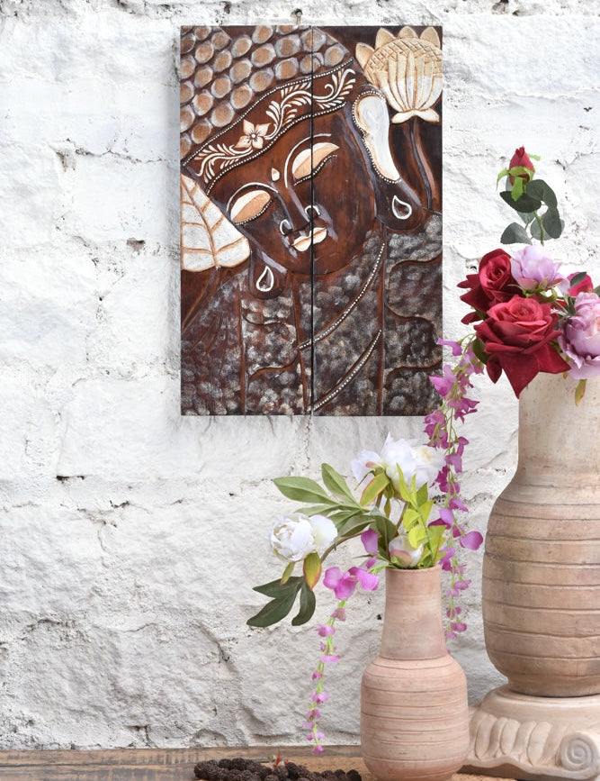 Ekaurr Divine Slumber hand-carved wooden Buddha wall panel depicting a reclining Buddha in a serene sleeping pose with intricate carved surface detailing, artisan spiritual home decor for meditation corners and statement walls