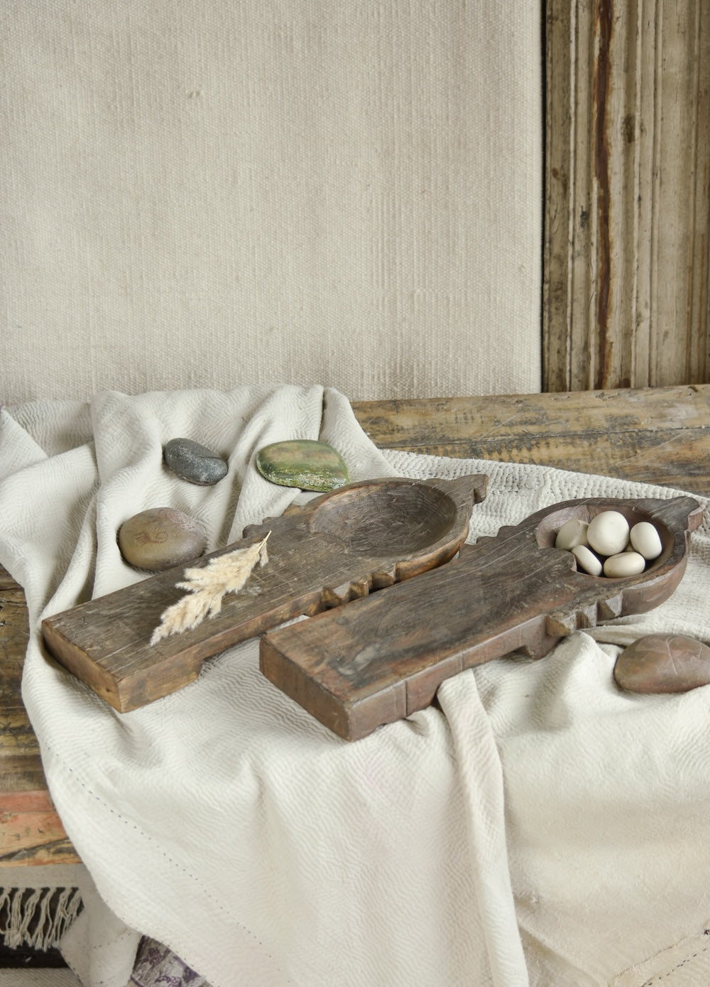 Ekaurr Diya Tray hand-chiseled from reclaimed wood with natural patina finish, traditional Indian decorative tray for diyas, candles or festive puja styling