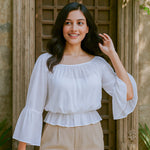 Ekaurr BIGDI Dove Flare Cotton Top finest cotton summer top in soft dove white or grey with a flared hem silhouette, artisan slow fashion top for women from the BIGDI summer pastel collection