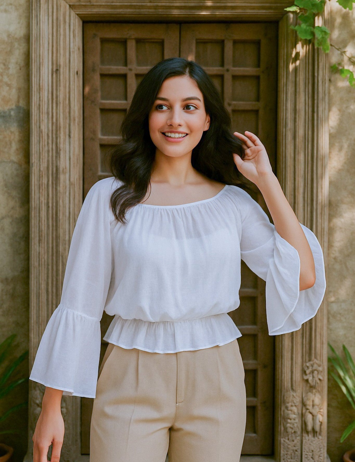 Ekaurr BIGDI Dove Flare Cotton Top finest cotton summer top in soft dove white or grey with a flared hem silhouette, artisan slow fashion top for women from the BIGDI summer pastel collection
