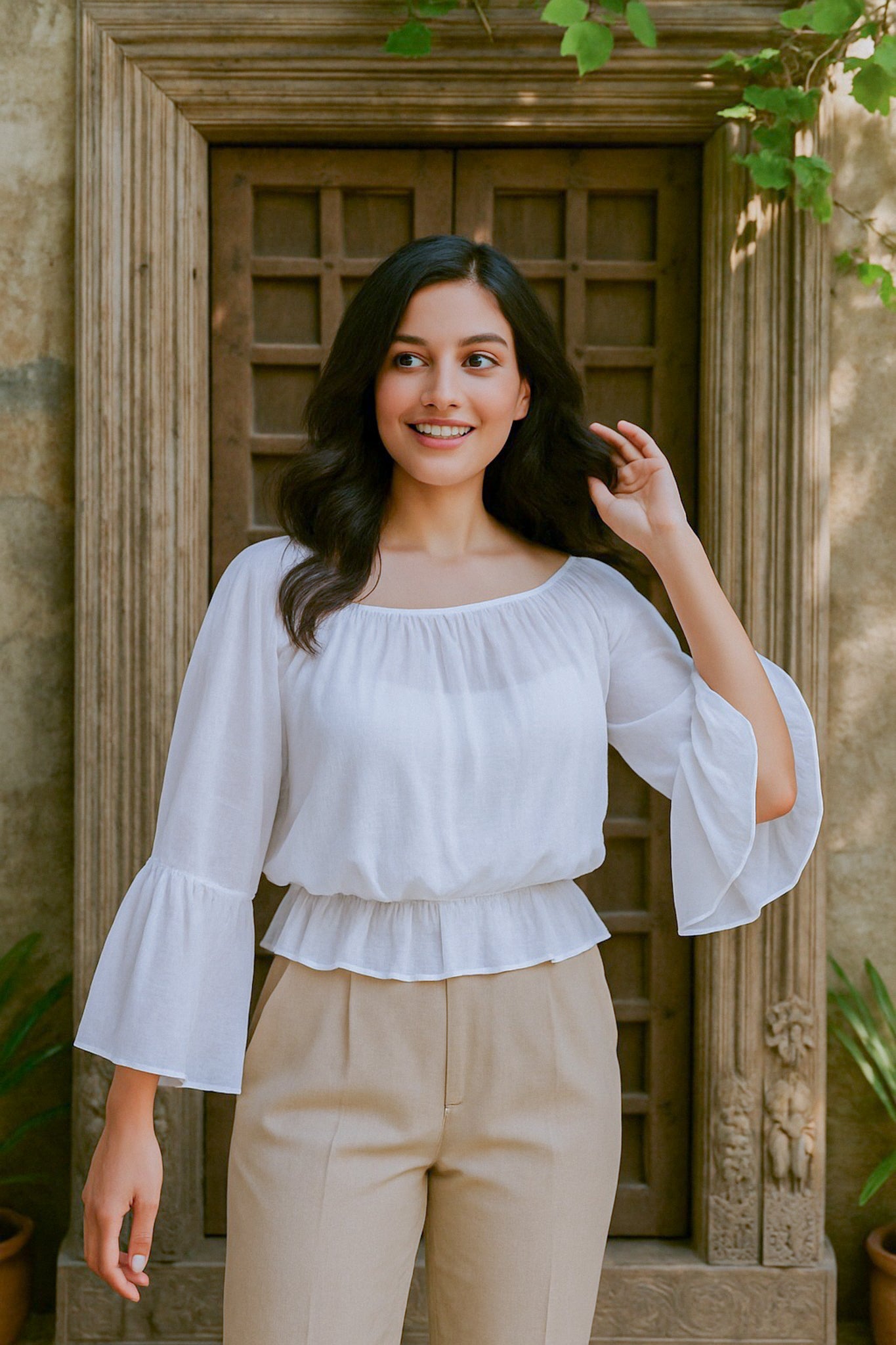 Ekaurr BIGDI Dove Flare Cotton Top finest cotton summer top in soft dove white or grey with a flared hem silhouette, artisan slow fashion top for women from the BIGDI summer pastel collection