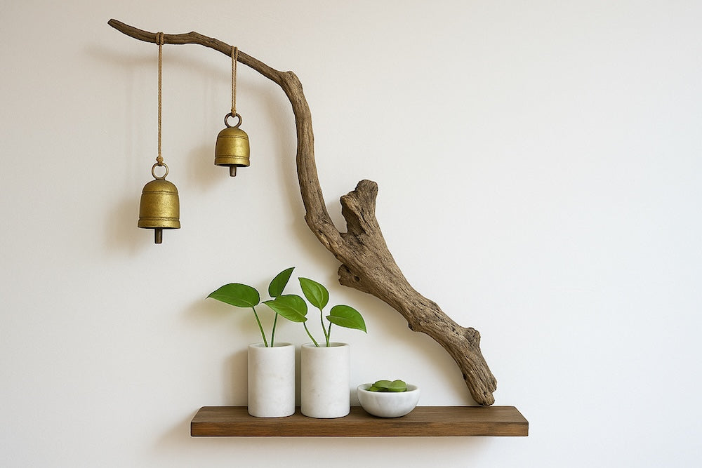 Ekaurr Drift Bell Harmony Shelf handcrafted driftwood floating shelf with 2 hanging brass bells, artisan wall shelf combining natural wood texture with gentle melodic brass detail for bohemian and rustic home styling