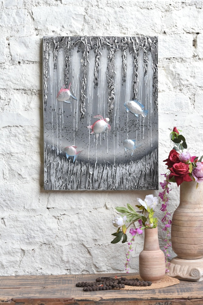 Ekaurr Drift in Silver Waters original painting with luminous silver and cool blue fluid composition, handcrafted artwork for contemporary living rooms and wall styling