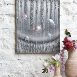Ekaurr Drift in Silver Waters original painting with luminous silver and cool blue fluid composition, handcrafted artwork for contemporary living rooms and wall styling