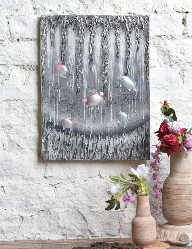 Ekaurr Drift in Silver Waters original painting with luminous silver and cool blue fluid composition, handcrafted artwork for contemporary living rooms and wall styling