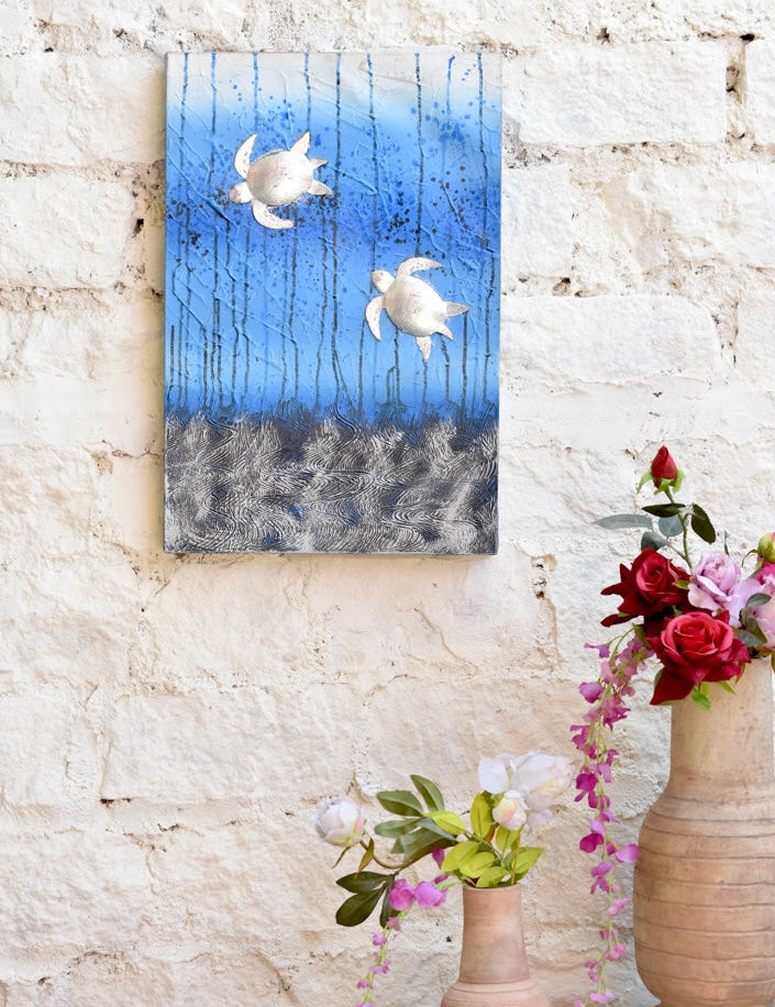 Ekaurr Drift of the Deep original painting with deep ocean-inspired layered tones of blue and indigo, handcrafted artwork for living rooms bedrooms and meditative home spaces