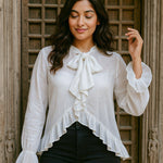 Ekaurr BIGDI Driftbow Cotton Top finest cotton summer top with a drifting bow-tie detail in soft natural pastel tones, artisan slow fashion top for women from the BIGDI summer collection
