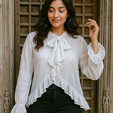 Ekaurr BIGDI Driftbow Cotton Top finest cotton summer top with a drifting bow-tie detail in soft natural pastel tones, artisan slow fashion top for women from the BIGDI summer collection