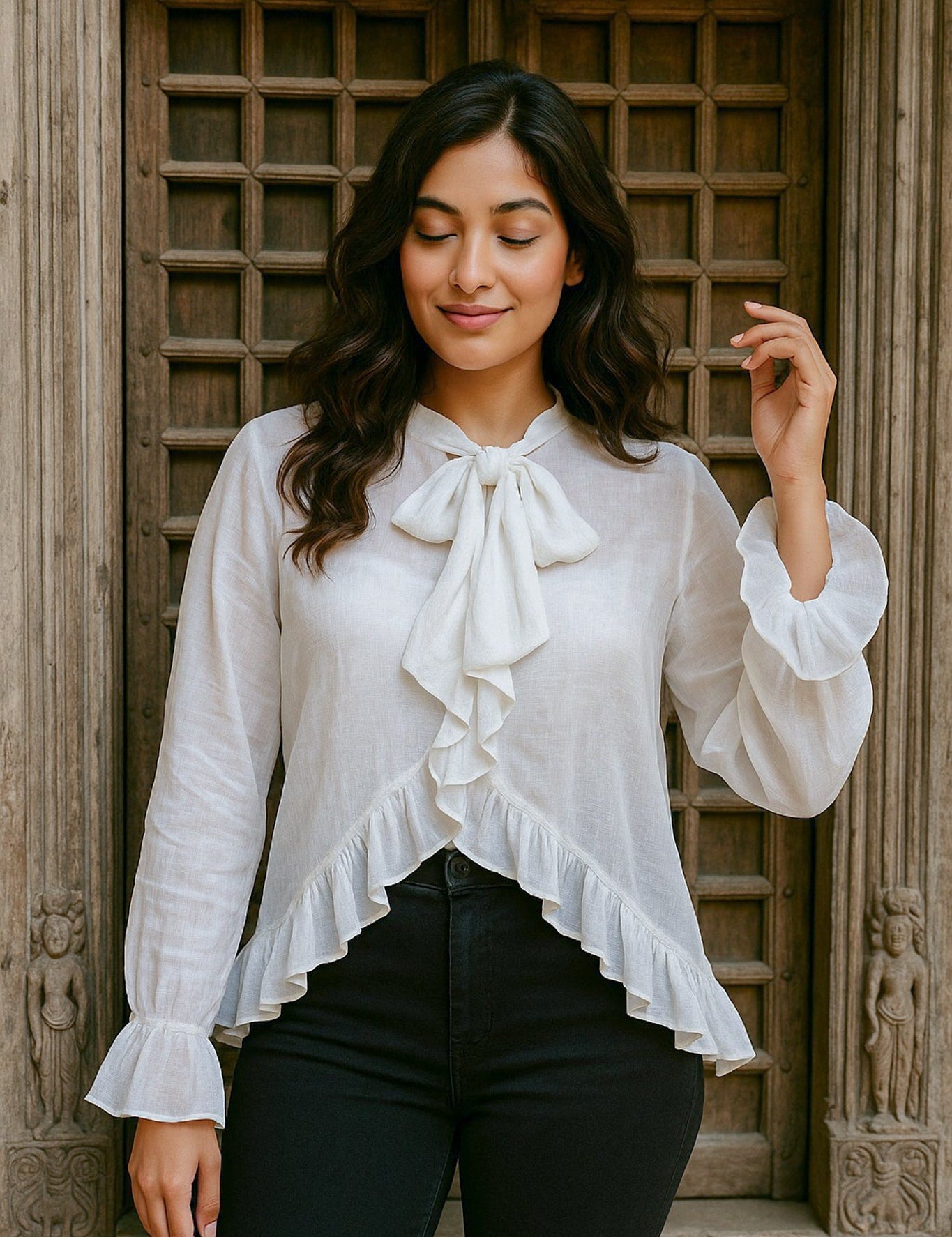 Ekaurr BIGDI Driftbow Cotton Top finest cotton summer top with a drifting bow-tie detail in soft natural pastel tones, artisan slow fashion top for women from the BIGDI summer collection