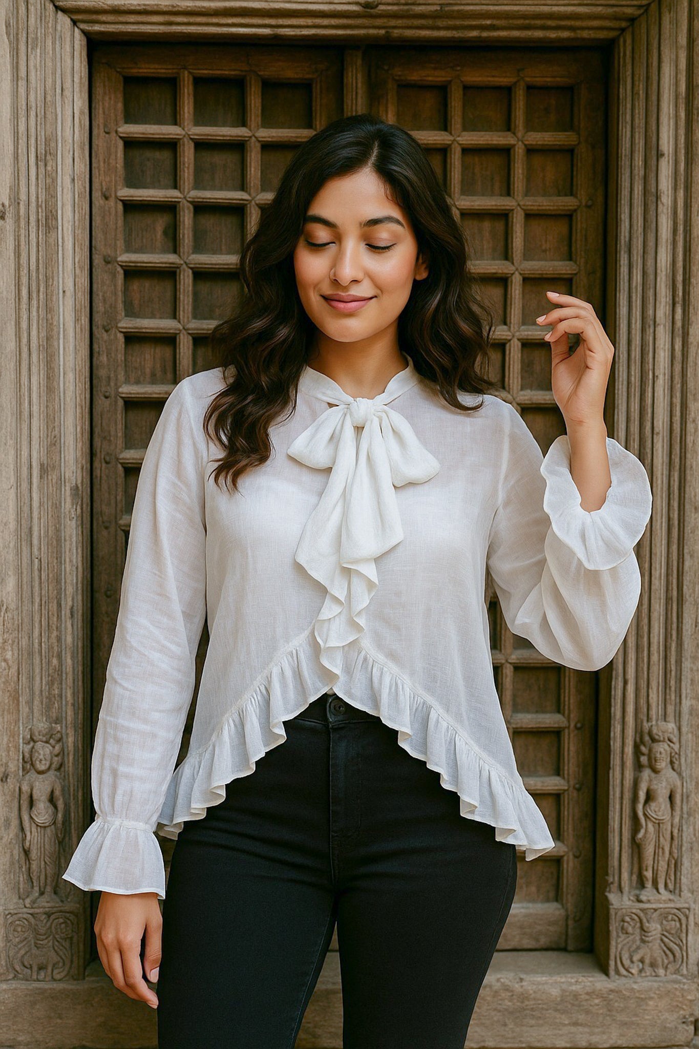 Ekaurr BIGDI Driftbow Cotton Top finest cotton summer top with a drifting bow-tie detail in soft natural pastel tones, artisan slow fashion top for women from the BIGDI summer collection