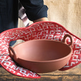 Ekaurr Dual Utility Mitten in Red and White handcrafted double-sided oven mitten in bold red and white fabric, artisan functional kitchen accessory for heat protection and classic colour in conscious home cooking