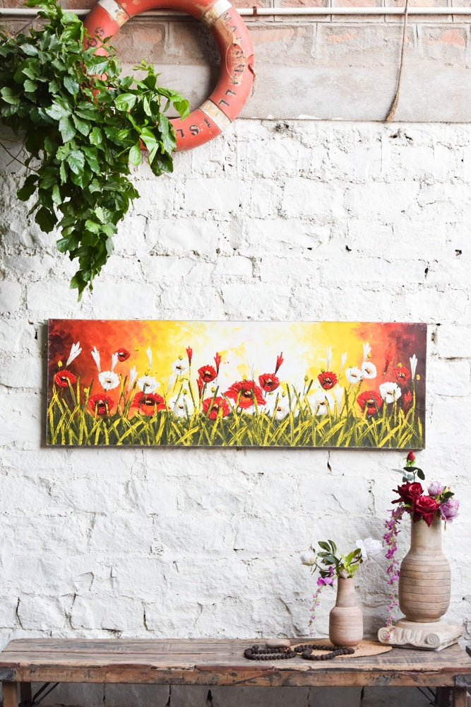 Ekaurr Dusk Garden painting depicting a serene garden at dusk in warm amber violet and deep blue tones, handcrafted botanical landscape home decor for living rooms bedrooms and nature-inspired interiors