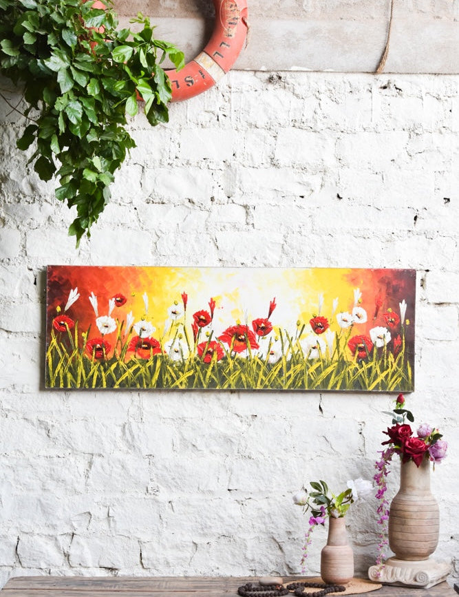 Ekaurr Dusk Garden painting depicting a serene garden at dusk in warm amber violet and deep blue tones, handcrafted botanical landscape home decor for living rooms bedrooms and nature-inspired interiors