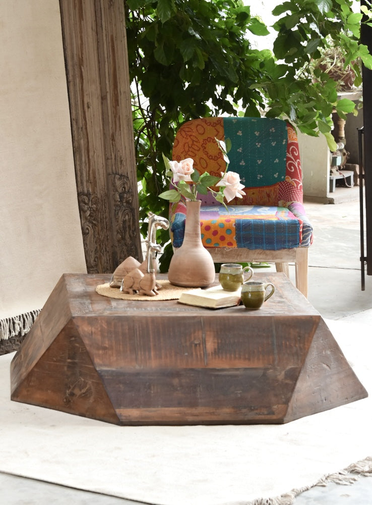 Ekaurr Earth Geometry Coffee Table handcrafted from reclaimed wood with faceted polygonal sculptural form, sustainable statement living room table