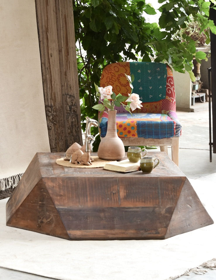 Ekaurr Earth Geometry Coffee Table handcrafted from reclaimed wood with faceted polygonal sculptural form, sustainable statement living room table