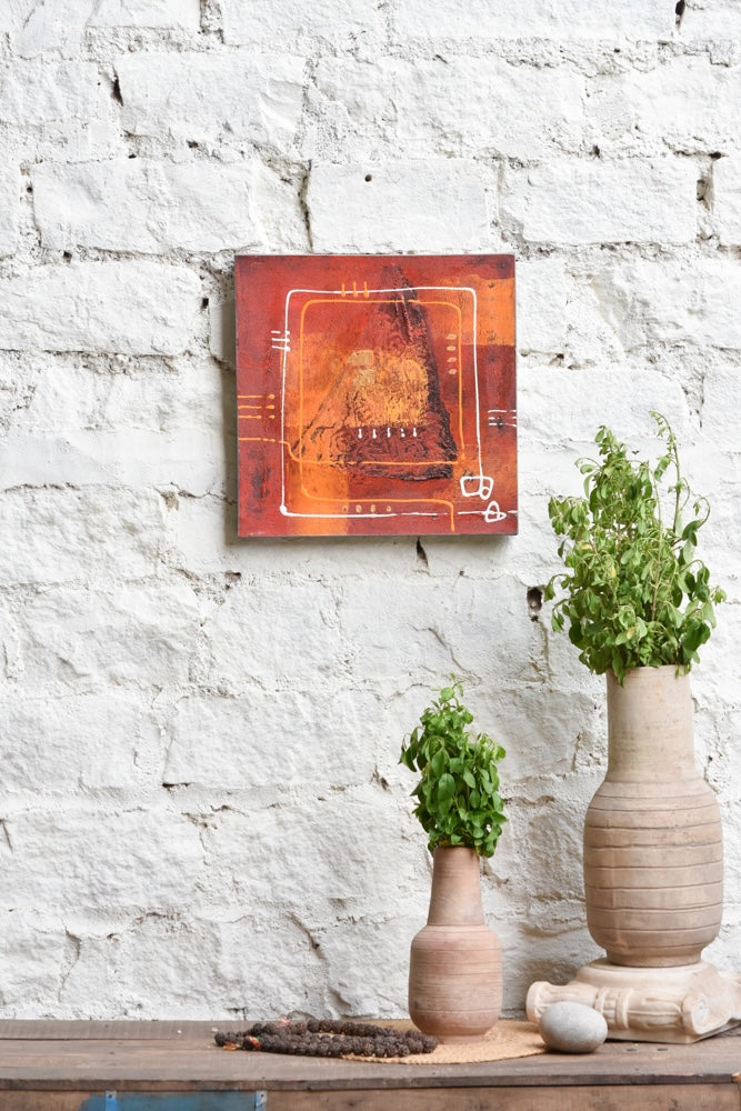 Ekaurr Earthen Pulse painting with a rhythmic abstract composition in deep terracotta warm brown and earthy organic tones, handcrafted canvas art for living rooms and nature-grounded home interiors